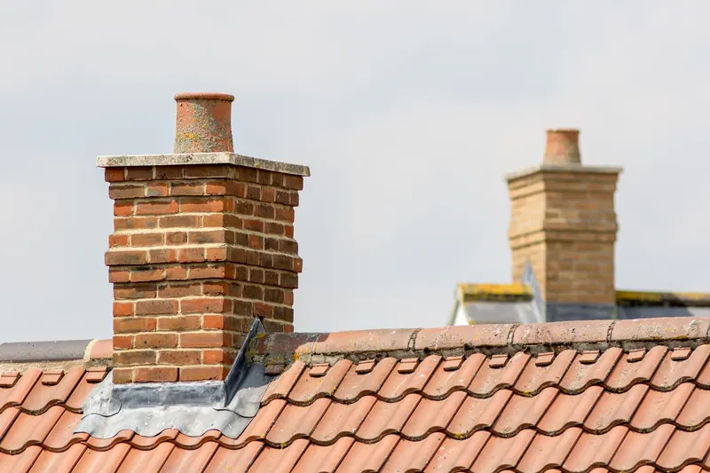 Brick chimneys on a tiled roof
